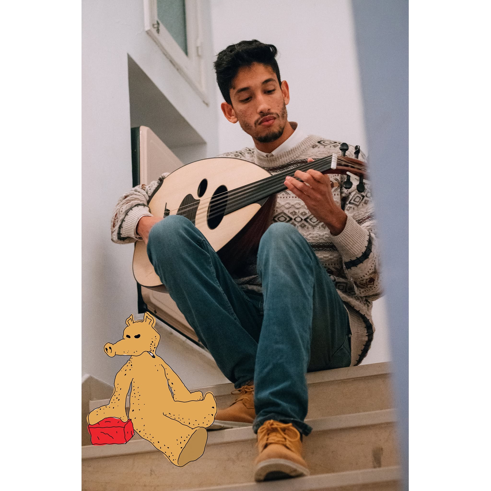 Person playing an oud while seated on stairs