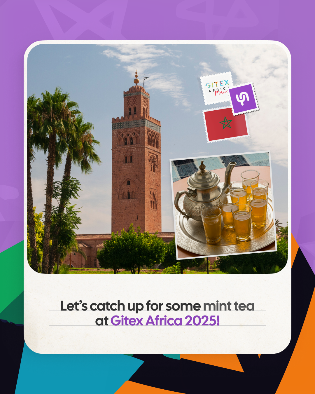 Cynoia GITEX post: the Koutoubia minaret and a Moroccan mint tea set, 'Let's catch up for some mint tea at Gitex Africa 2025!'