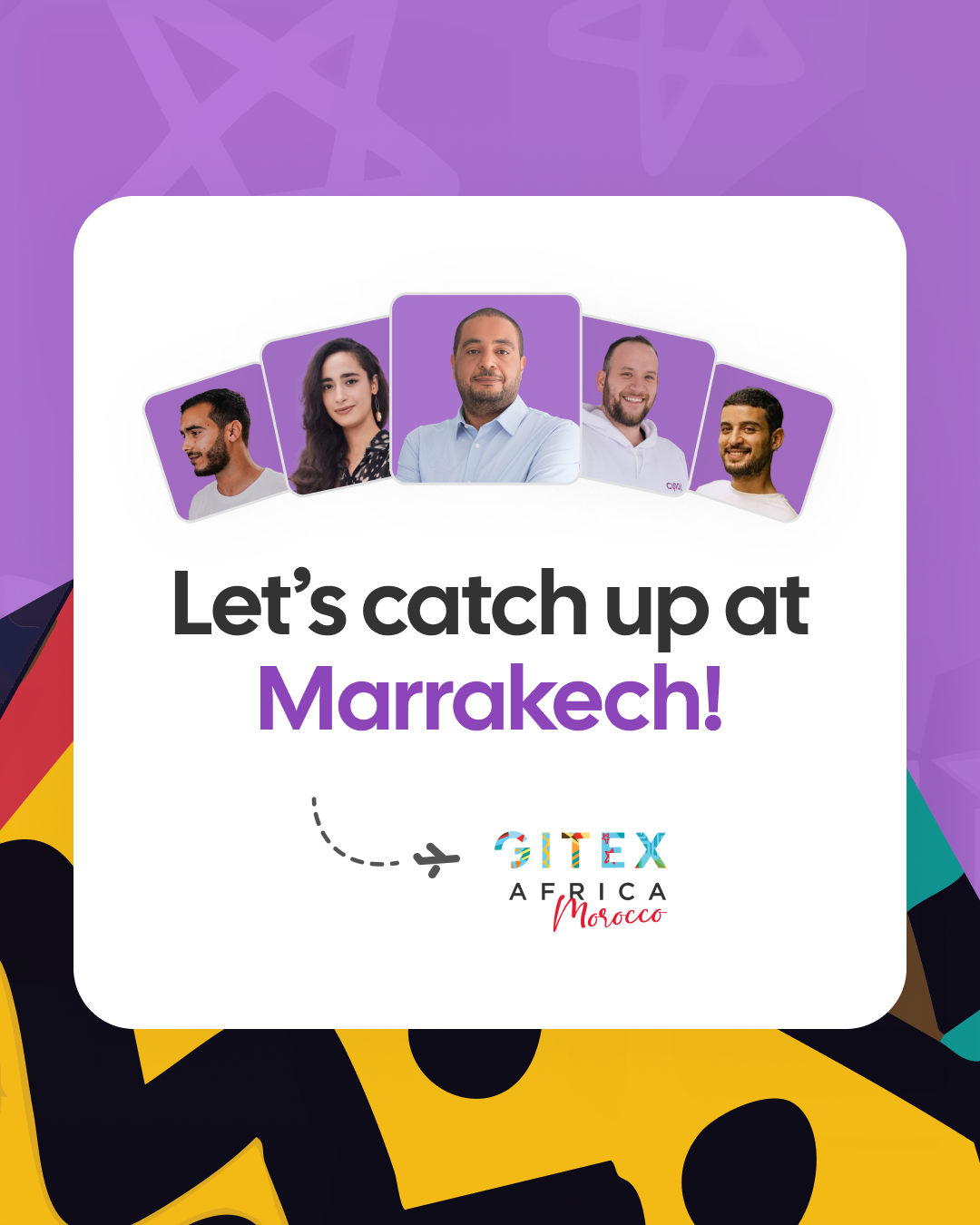 Cynoia GITEX post: 'Let's catch up at Marrakech!', a fanned deck of five Cynoia team headshots