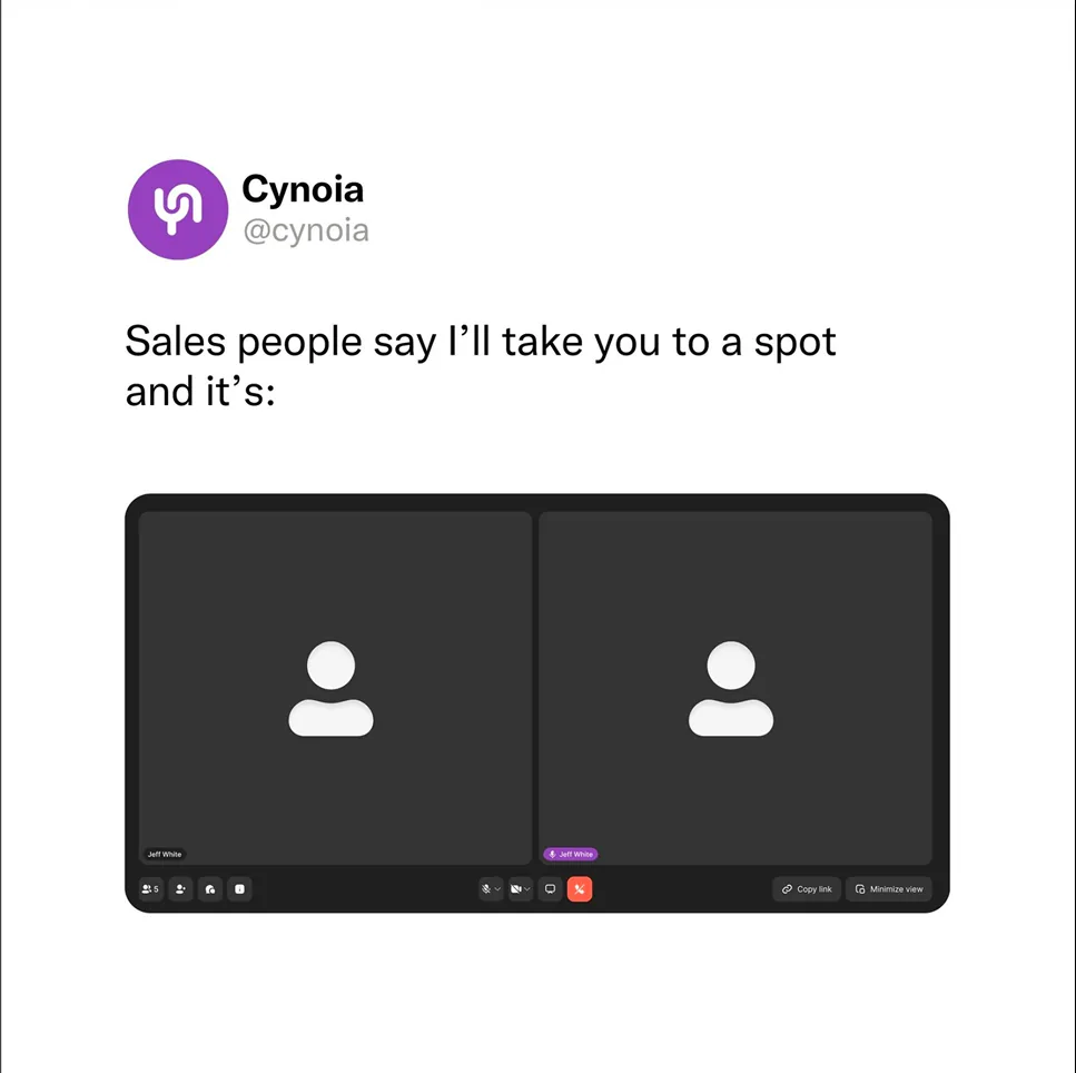 Cynoia meme: two empty video-call tiles, captioned 'Sales people say I'll take you to a spot and it's:'