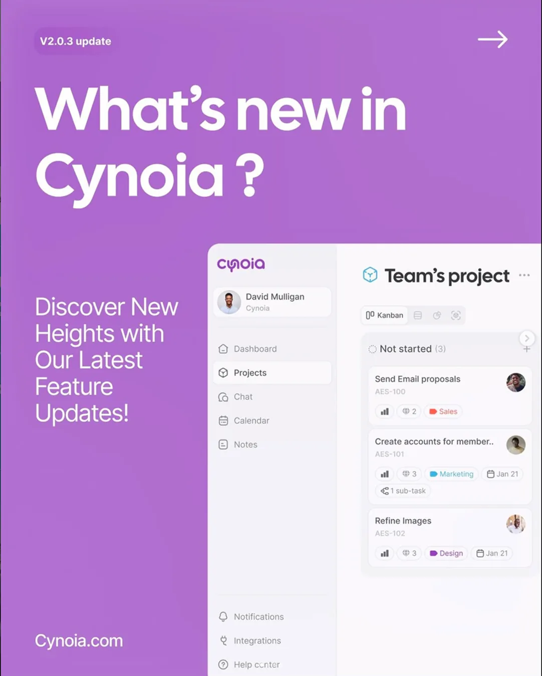 Cynoia carousel cover: 'What's new in Cynoia?', the V2.0.3 update, over a preview of the Projects board