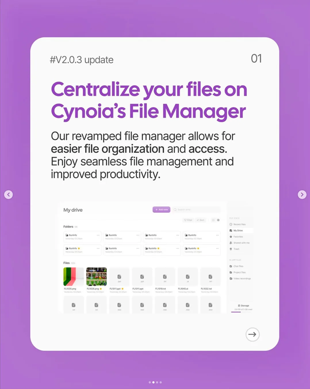 Cynoia feature slide: centralizing files in the revamped File Manager, showing the My Drive view