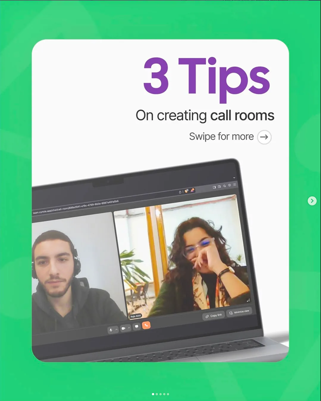 Cynoia carousel cover: '3 Tips on creating call rooms', over a laptop showing a two-person video call