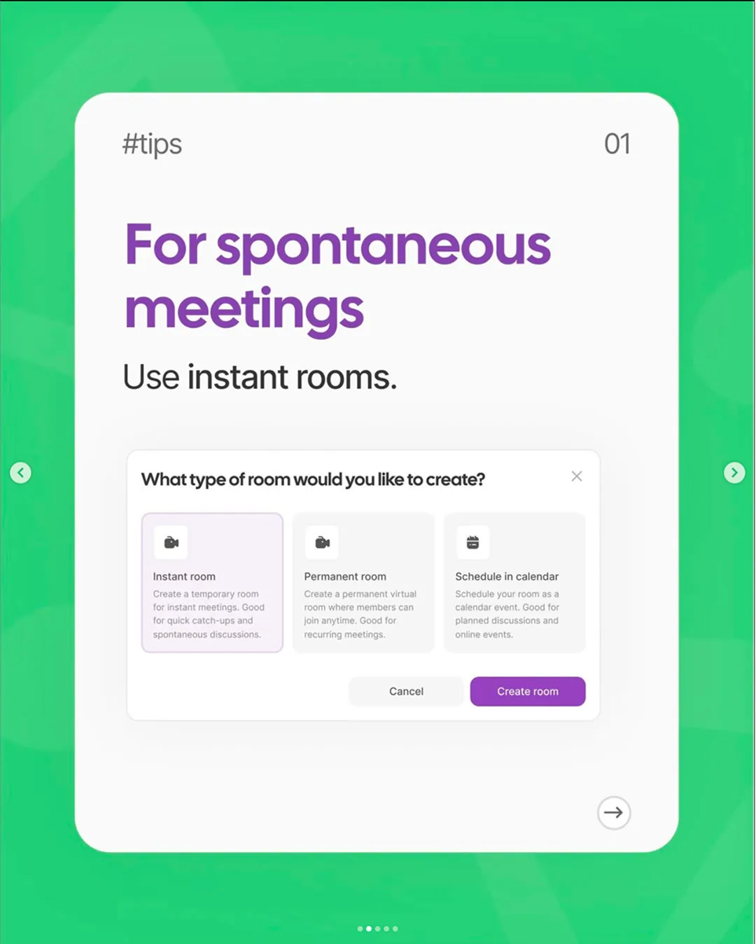 Cynoia tip slide: for spontaneous meetings use instant rooms, showing the room-type creation dialog