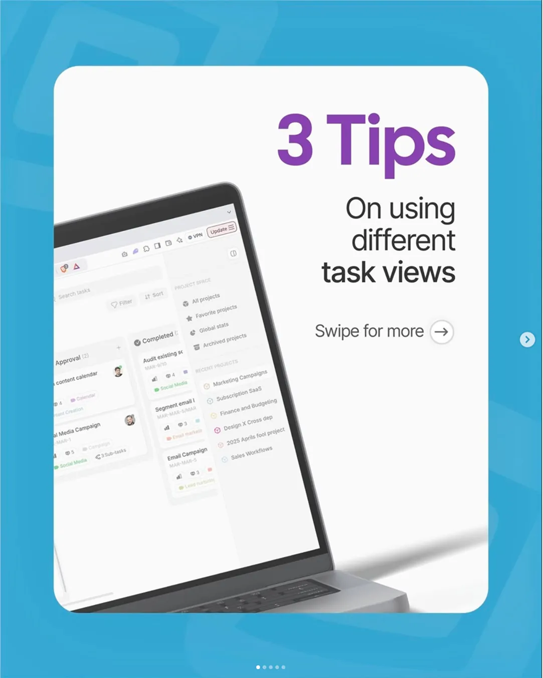 Cynoia carousel cover: '3 Tips on using different task views', over a laptop showing the project workspace