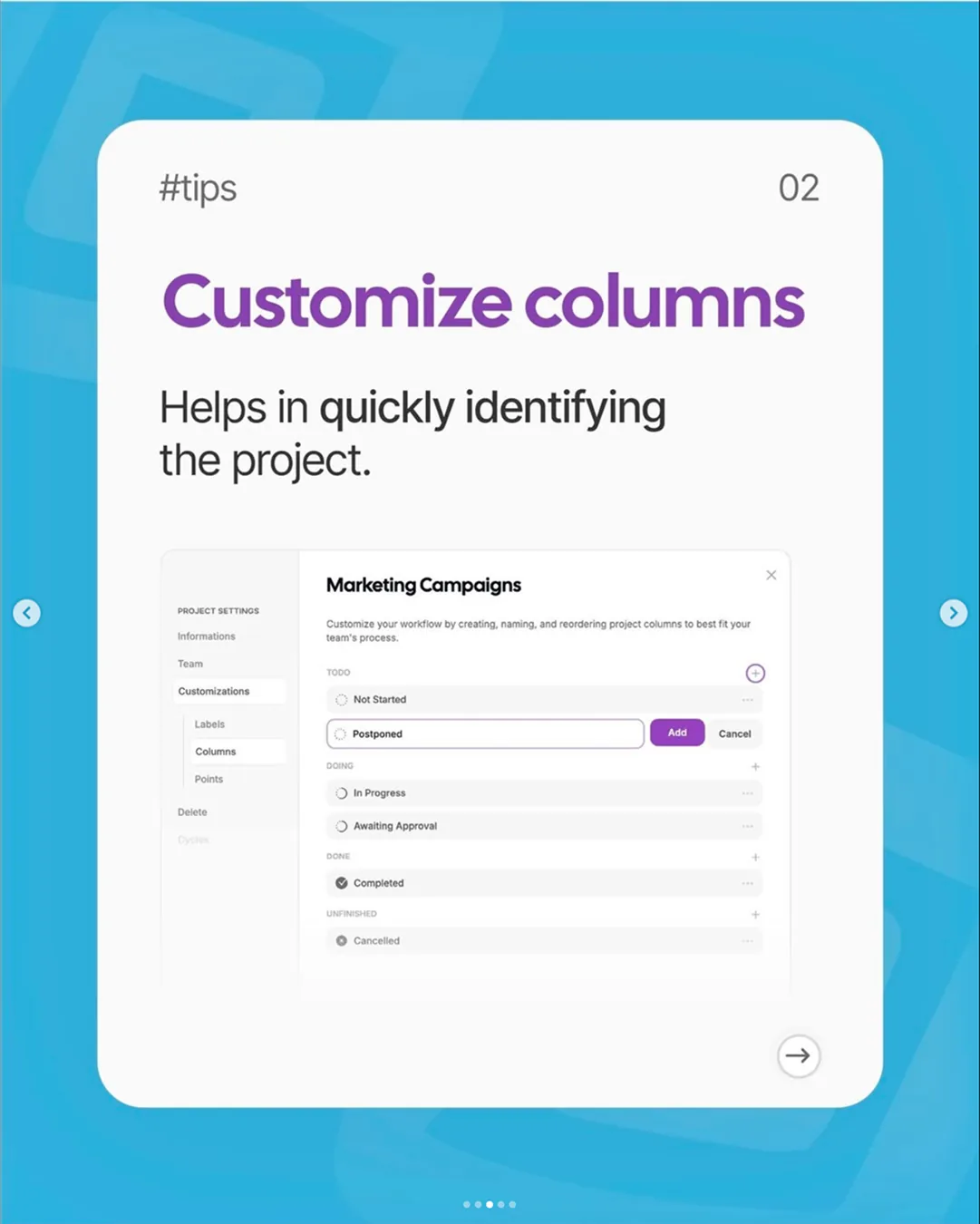 Cynoia tip slide: customize columns, showing the project column settings panel