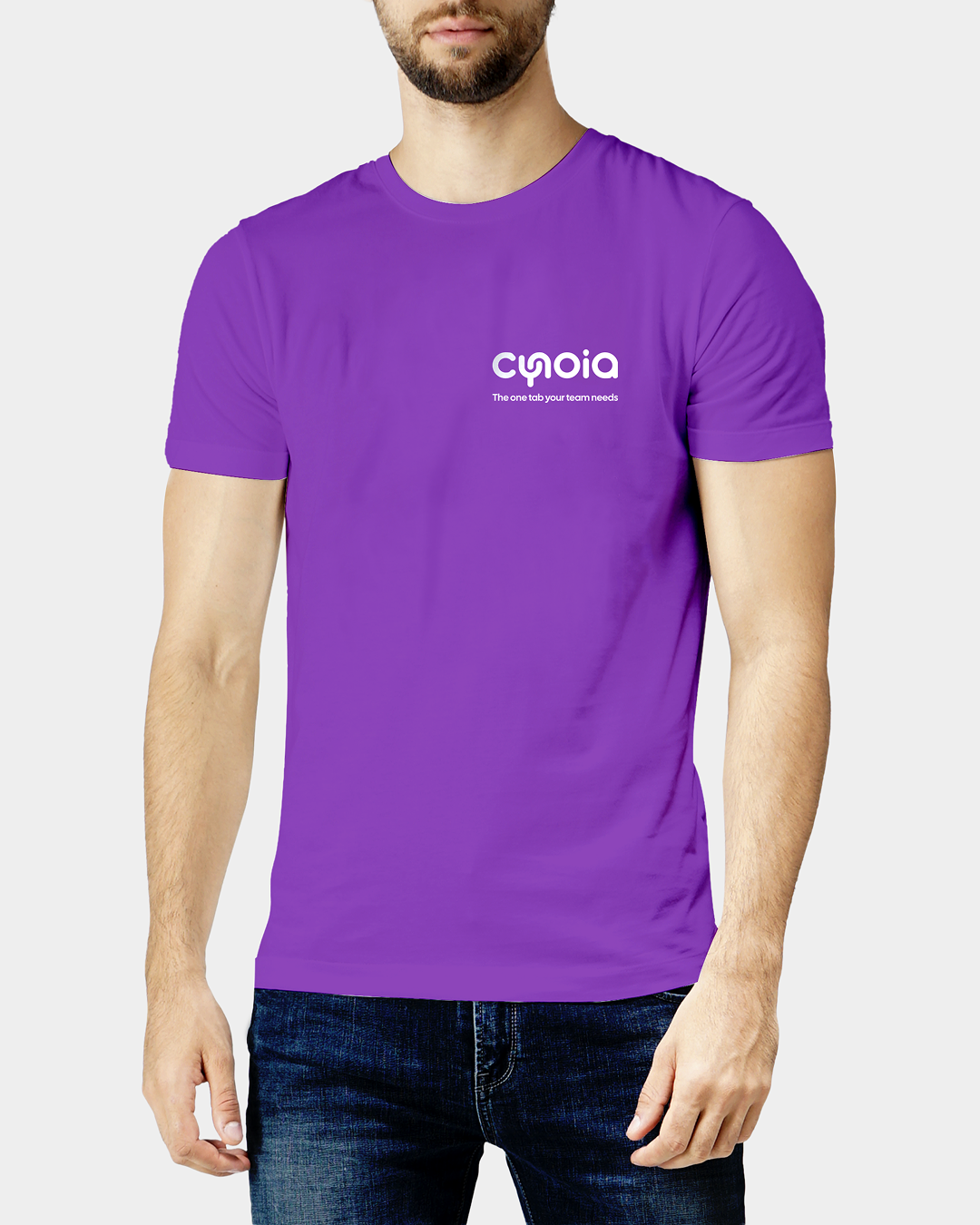 Cynoia print: a purple tee, front, with the white cynoia logo and 'The one tab your team needs'