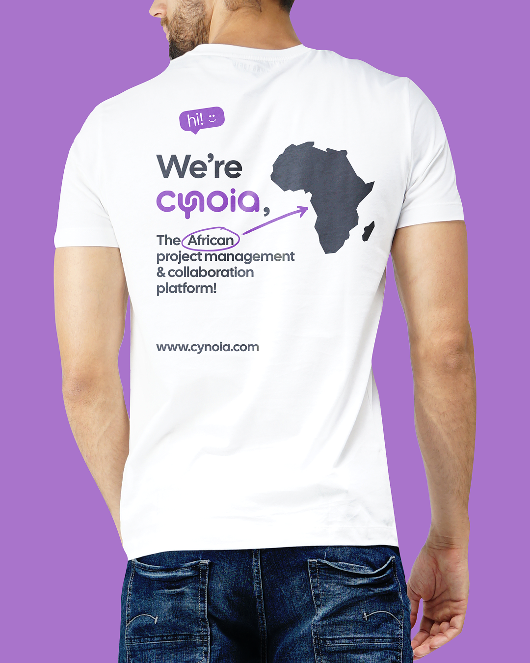 Cynoia print: a white tee, back, 'We're cynoia, the African project management and collaboration platform!' with an Africa map