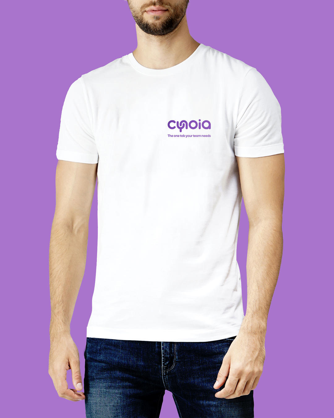 Cynoia print: a white tee, front, with the purple cynoia logo and 'The one tab your team needs'