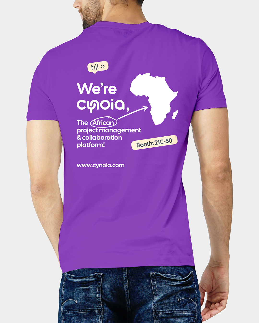 Cynoia print: a purple tee, back, 'We're cynoia, the African project management and collaboration platform! Booth: 21C-50'
