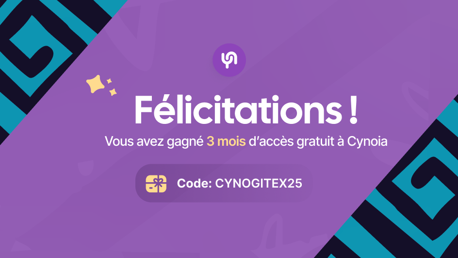 Cynoia print: promo card back (French), 'Felicitations! Vous avez gagne 3 mois d'acces gratuit a Cynoia, Code: CYNOGITEX25'