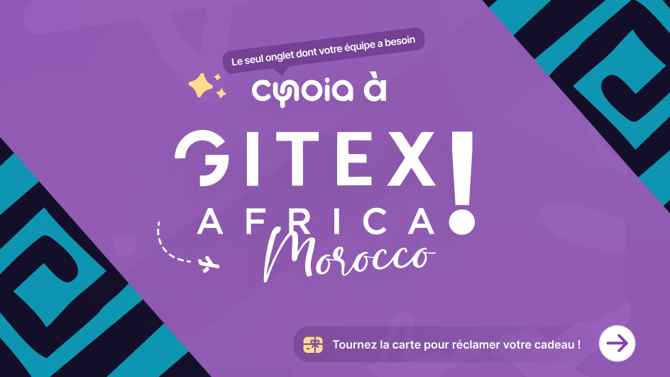 Cynoia print: promo card front (French), 'cynoia a GITEX Africa Morocco, Tournez la carte pour reclamer votre cadeau!'