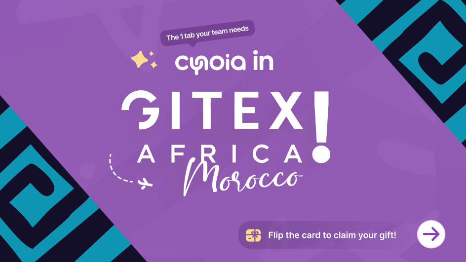 Cynoia print: promo card front (English), 'cynoia in GITEX Africa Morocco, Flip the card to claim your gift!'