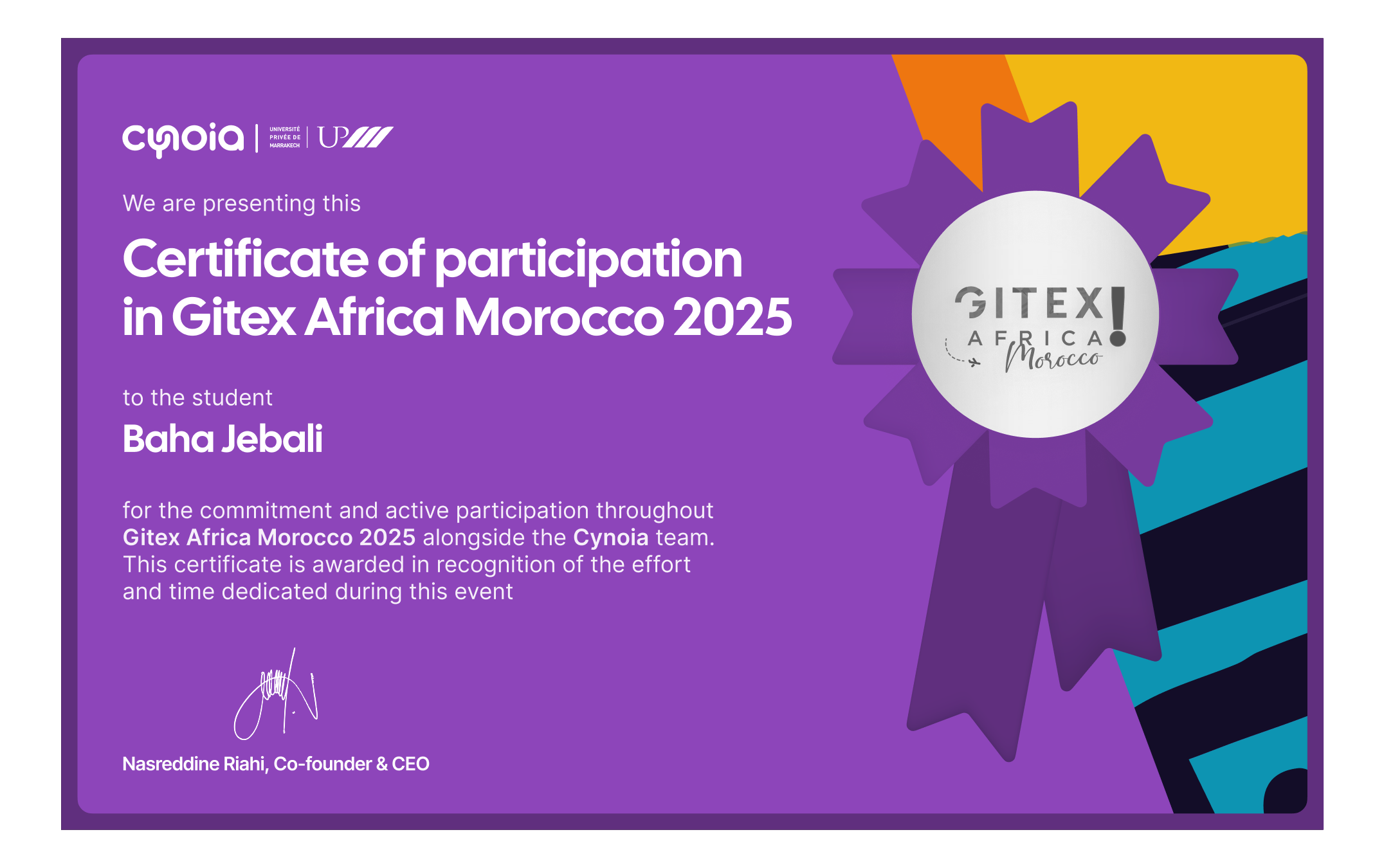Cynoia print: a GITEX Africa Morocco 2025 certificate of participation awarded to Baha Jebali, signed by Nasreddine Riahi, Co-founder and CEO