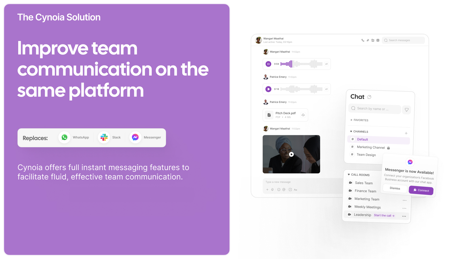 Cynoia sales slide: 'Improve team communication on the same platform' — replaces WhatsApp, Slack, Messenger, over the Cynoia chat interface
