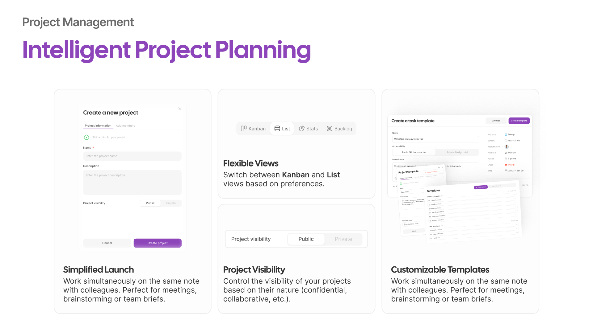 Cynoia sales slide: 'Intelligent Project Planning' — Simplified Launch, Flexible Views, Project Visibility, Customizable Templates
