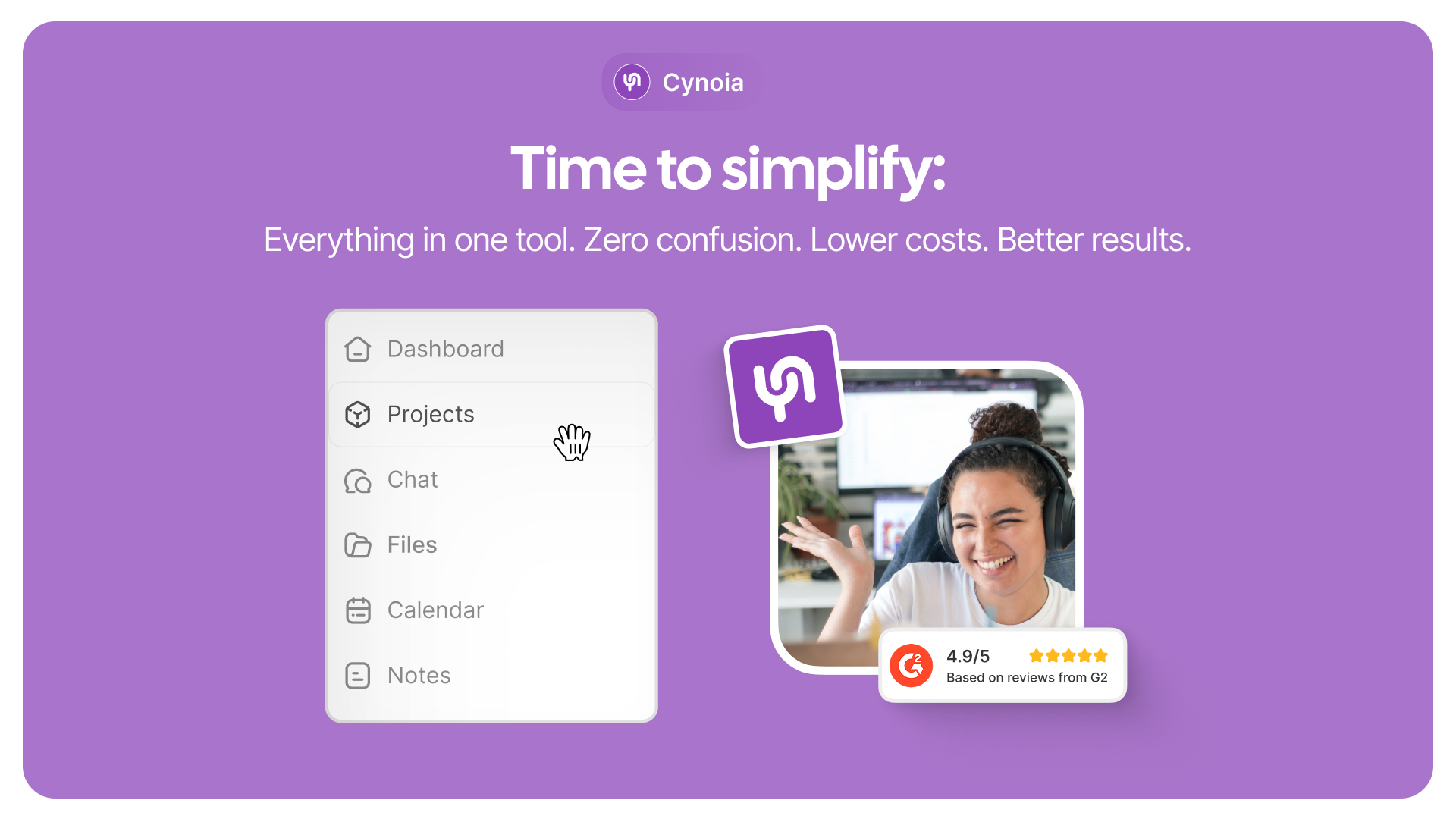 Cynoia sales slide: 'Time to simplify: Everything in one tool. Zero confusion. Lower costs. Better results.', with a 4.9 out of 5 G2 rating