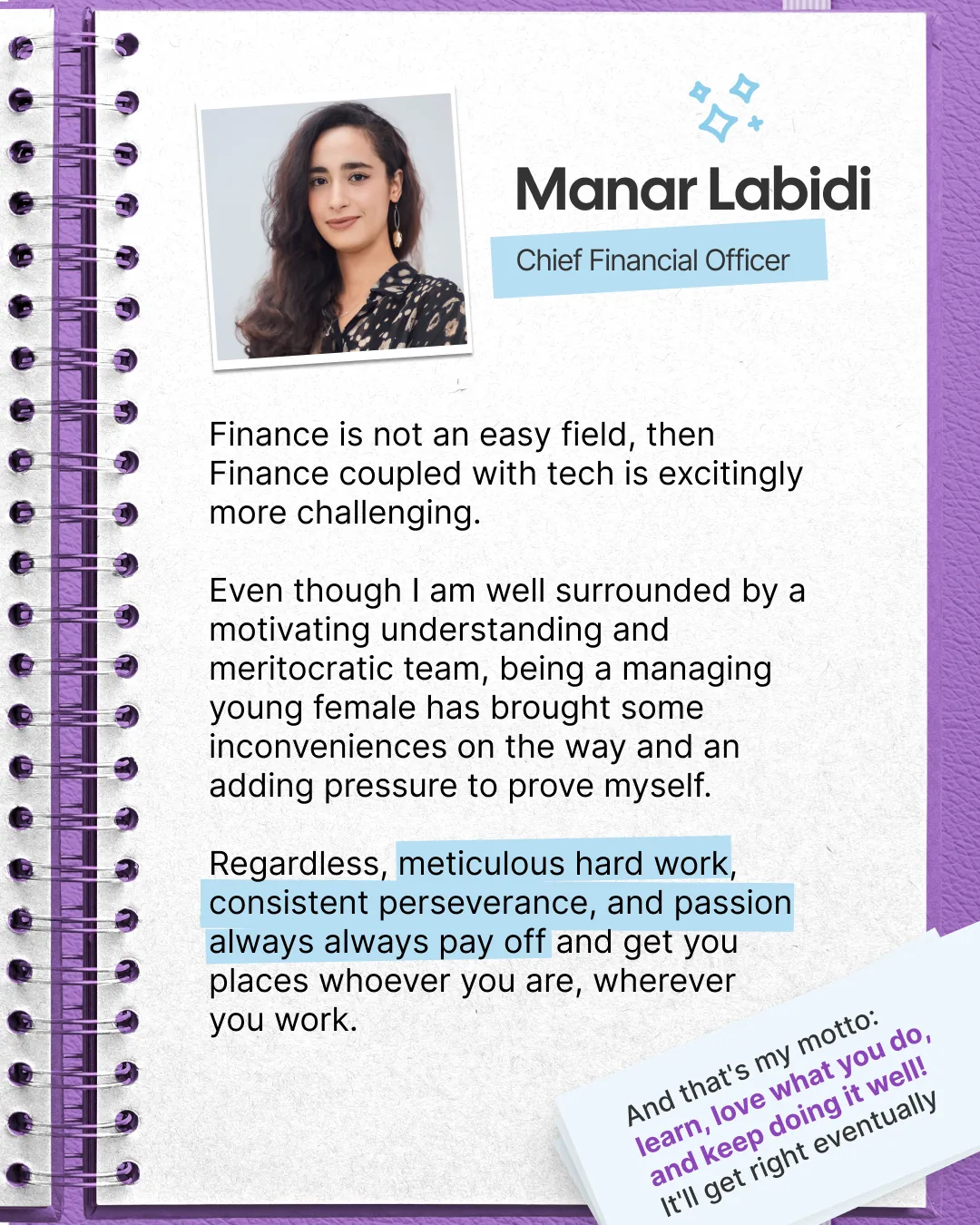 Cynoia post: testimonial from Manar Labidi, Chief Financial Officer, on perseverance in fintech