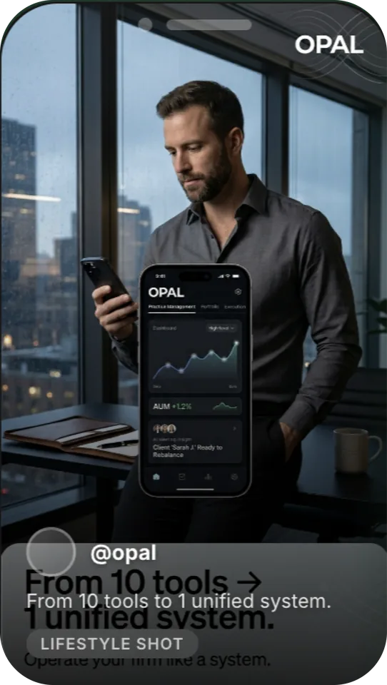 A social post from the account opal: a man in a night-lit office holding a phone showing the Opal dashboard, captioned From 10 tools to 1 unified system, tagged Lifestyle shot.