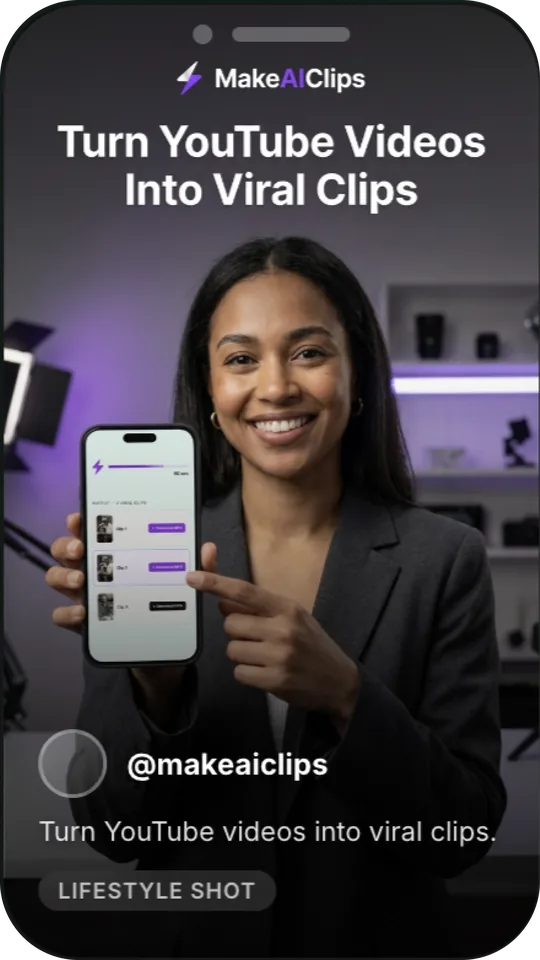 A social post from the account makeaiclips: a woman in a lit studio holding a phone showing the MakeAIClips app, captioned Turn YouTube videos into viral clips, tagged Lifestyle shot.