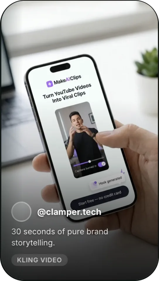 A social post from the account clamper.tech: a hand holding a phone on a desk showing the MakeAIClips app, captioned 30 seconds of pure brand storytelling, tagged Kling video.